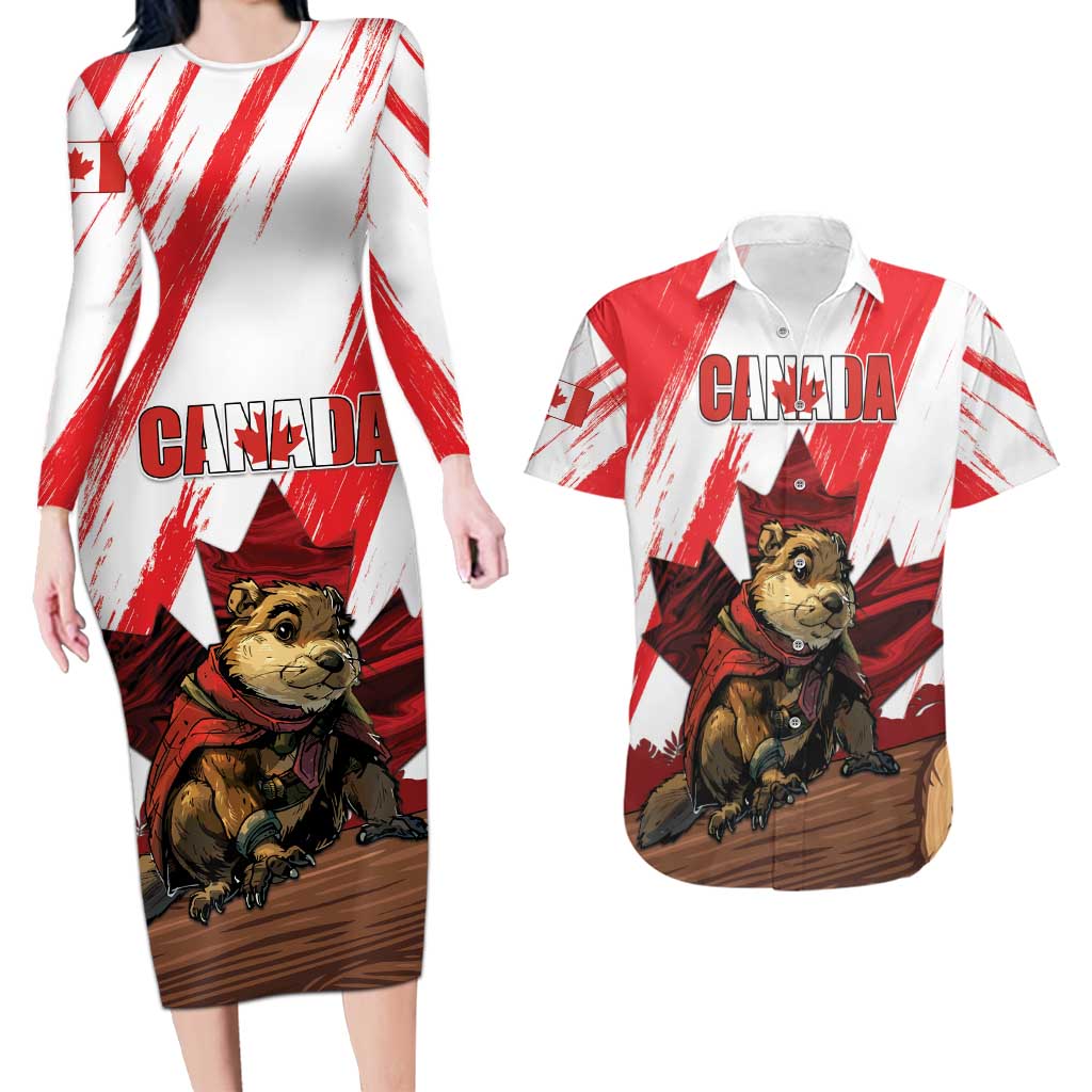Personalised Canada Beaver Adventurer Couples Matching Long Sleeve Bodycon Dress and Hawaiian Shirt With Maple Leaf