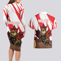 Personalised Canada Beaver Adventurer Couples Matching Long Sleeve Bodycon Dress and Hawaiian Shirt With Maple Leaf