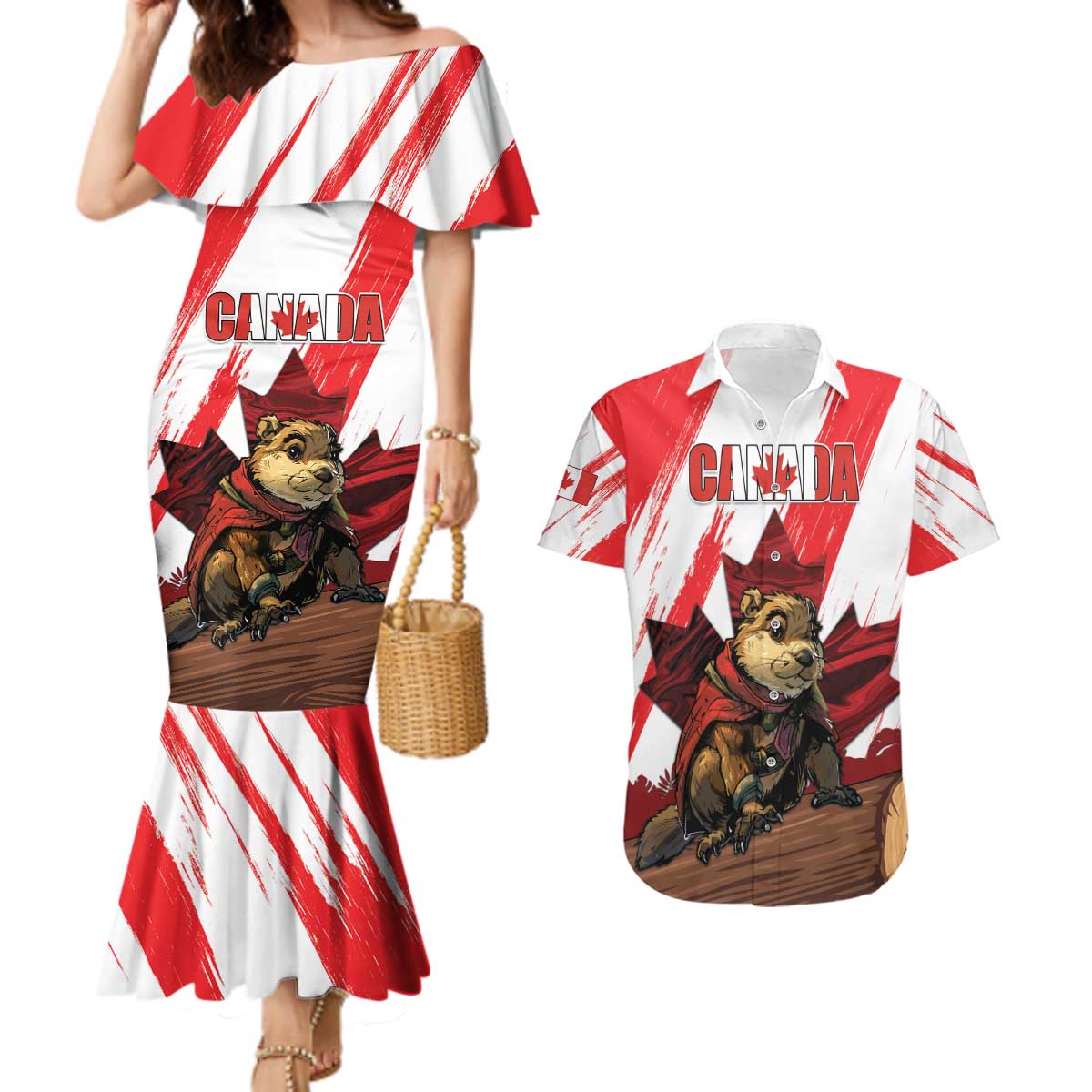 Personalised Canada Beaver Adventurer Couples Matching Mermaid Dress and Hawaiian Shirt With Maple Leaf