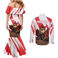 Personalised Canada Beaver Adventurer Couples Matching Mermaid Dress and Long Sleeve Button Shirt With Maple Leaf