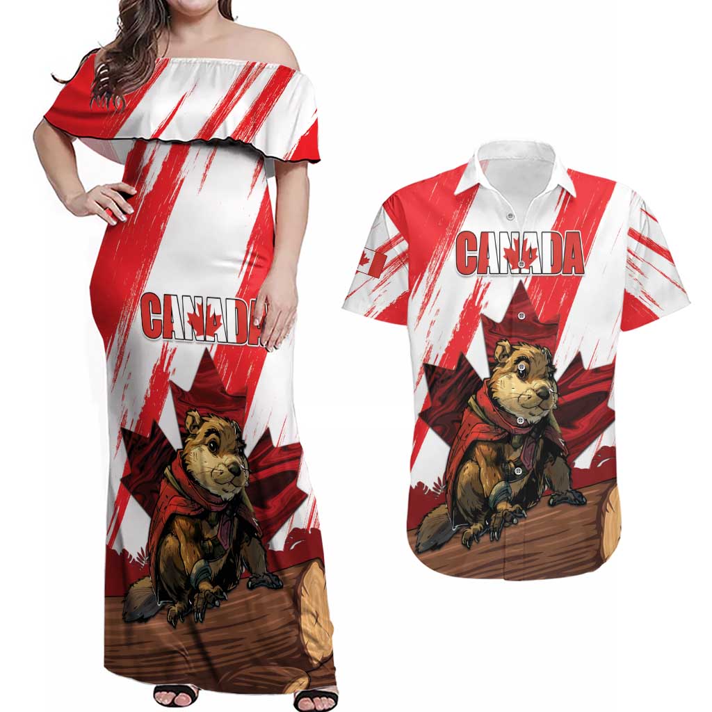 Personalised Canada Beaver Adventurer Couples Matching Off Shoulder Maxi Dress and Hawaiian Shirt With Maple Leaf