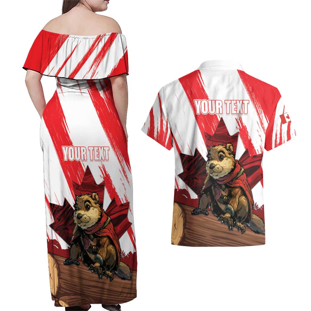 Personalised Canada Beaver Adventurer Couples Matching Off Shoulder Maxi Dress and Hawaiian Shirt With Maple Leaf