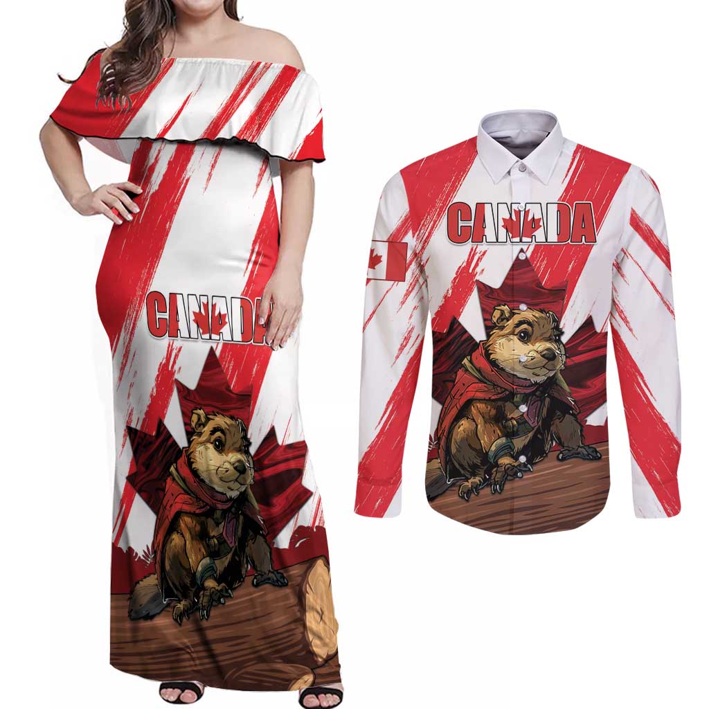 Personalised Canada Beaver Adventurer Couples Matching Off Shoulder Maxi Dress and Long Sleeve Button Shirt With Maple Leaf