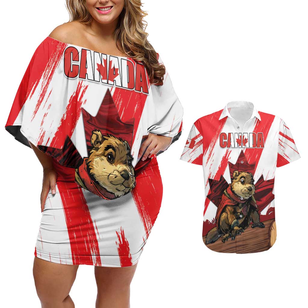 Personalised Canada Beaver Adventurer Couples Matching Off Shoulder Short Dress and Hawaiian Shirt With Maple Leaf