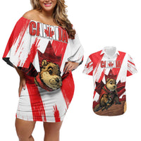Personalised Canada Beaver Adventurer Couples Matching Off Shoulder Short Dress and Hawaiian Shirt With Maple Leaf