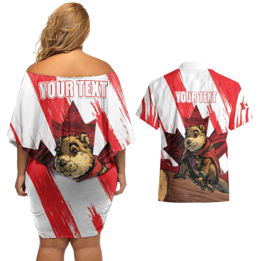 Personalised Canada Beaver Adventurer Couples Matching Off Shoulder Short Dress and Hawaiian Shirt With Maple Leaf