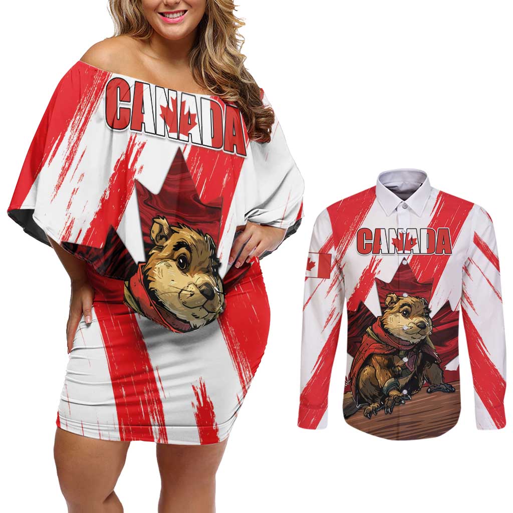 Personalised Canada Beaver Adventurer Couples Matching Off Shoulder Short Dress and Long Sleeve Button Shirt With Maple Leaf