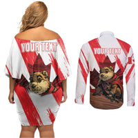 Personalised Canada Beaver Adventurer Couples Matching Off Shoulder Short Dress and Long Sleeve Button Shirt With Maple Leaf