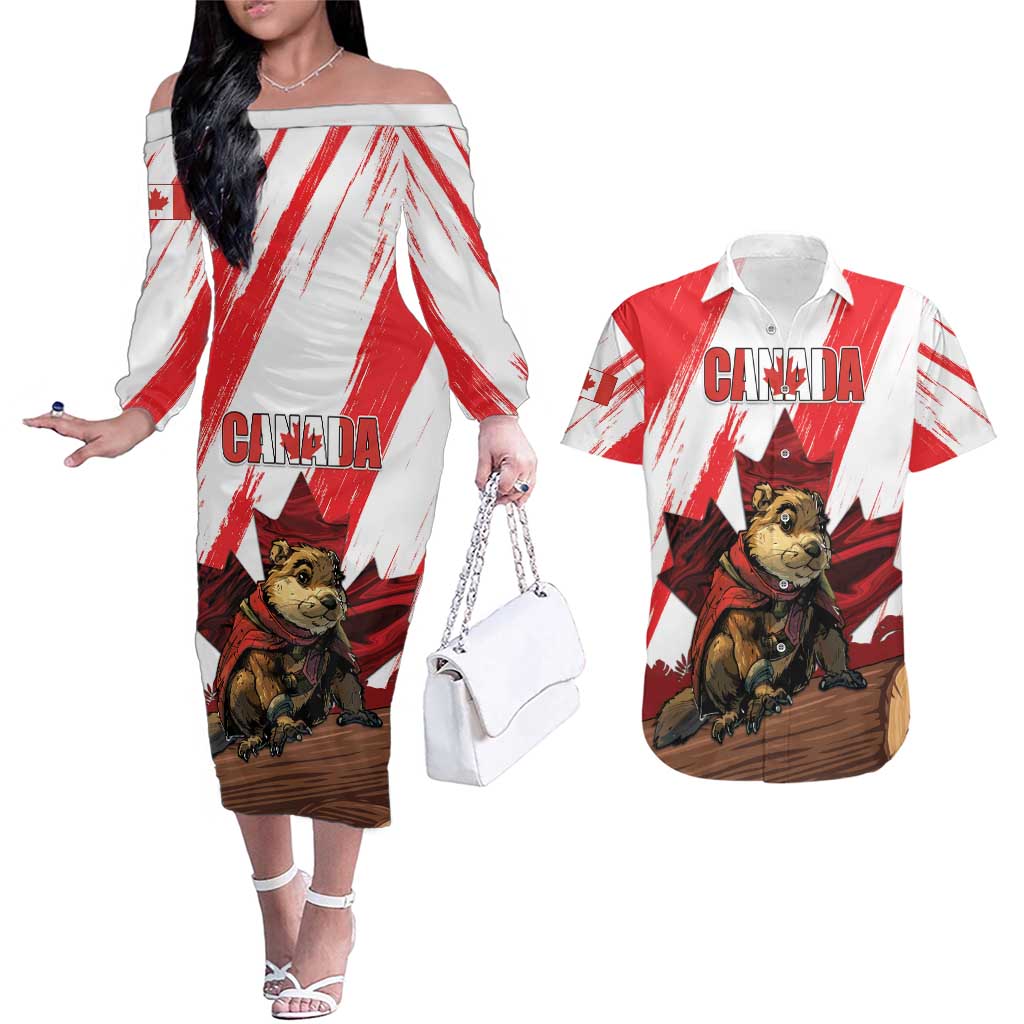 Personalised Canada Beaver Adventurer Couples Matching Off The Shoulder Long Sleeve Dress and Hawaiian Shirt With Maple Leaf