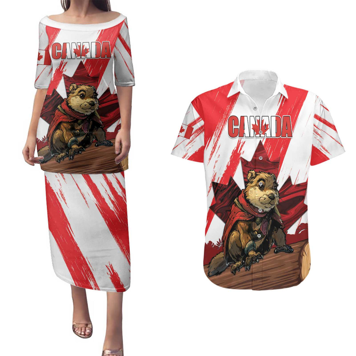 Personalised Canada Beaver Adventurer Couples Matching Puletasi and Hawaiian Shirt With Maple Leaf