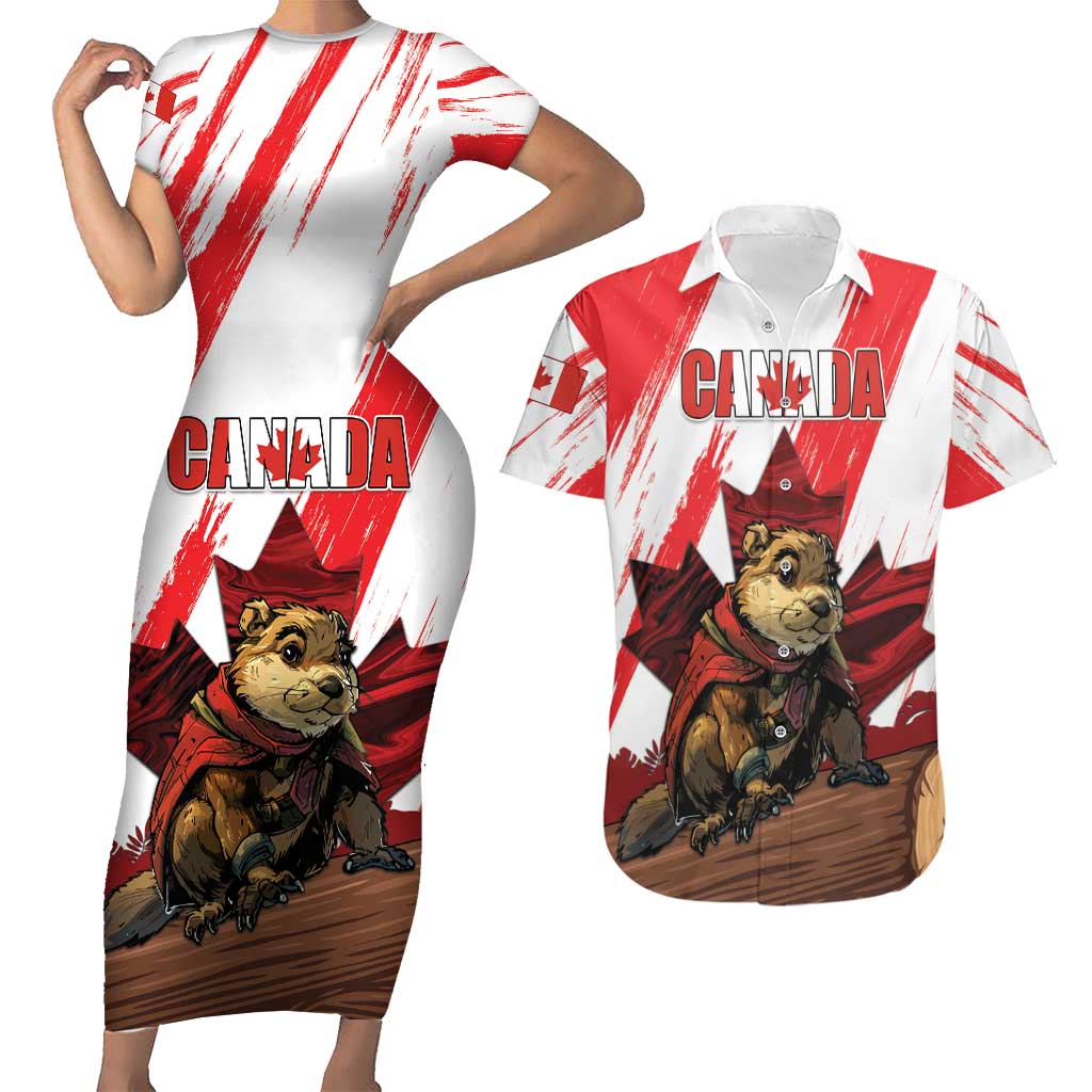 Personalised Canada Beaver Adventurer Couples Matching Short Sleeve Bodycon Dress and Hawaiian Shirt With Maple Leaf