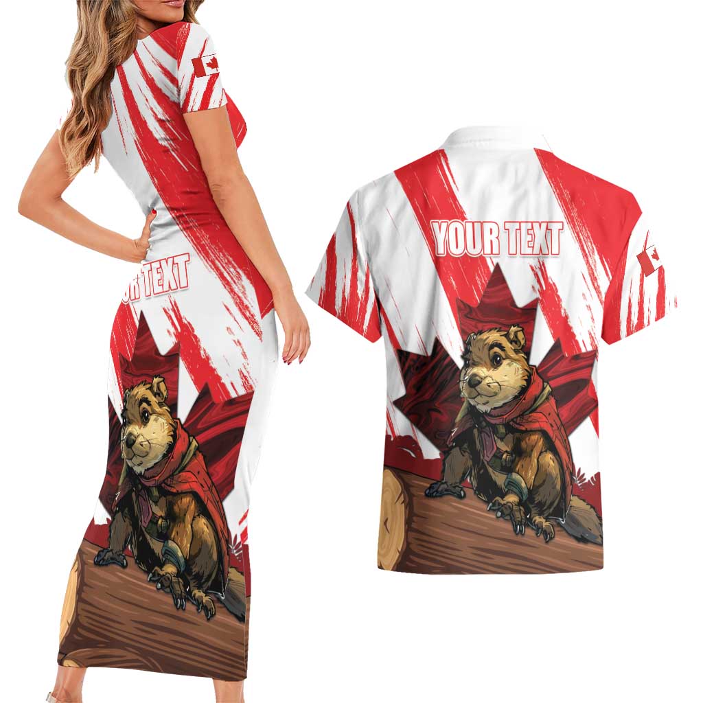 Personalised Canada Beaver Adventurer Couples Matching Short Sleeve Bodycon Dress and Hawaiian Shirt With Maple Leaf