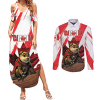 Personalised Canada Beaver Adventurer Couples Matching Summer Maxi Dress and Long Sleeve Button Shirt With Maple Leaf