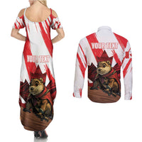 Personalised Canada Beaver Adventurer Couples Matching Summer Maxi Dress and Long Sleeve Button Shirt With Maple Leaf