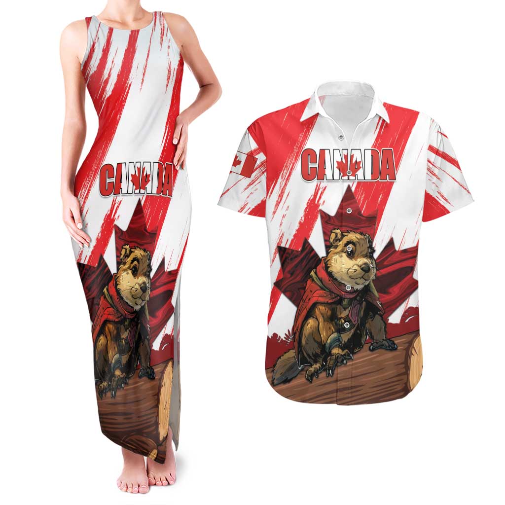 Personalised Canada Beaver Adventurer Couples Matching Tank Maxi Dress and Hawaiian Shirt With Maple Leaf