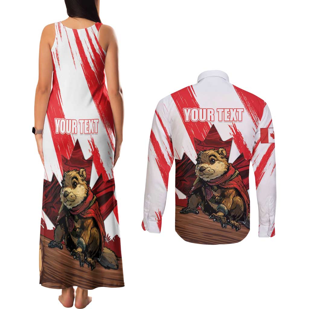 Personalised Canada Beaver Adventurer Couples Matching Tank Maxi Dress and Long Sleeve Button Shirt With Maple Leaf