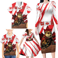 Personalised Canada Beaver Adventurer Family Matching Long Sleeve Bodycon Dress and Hawaiian Shirt With Maple Leaf
