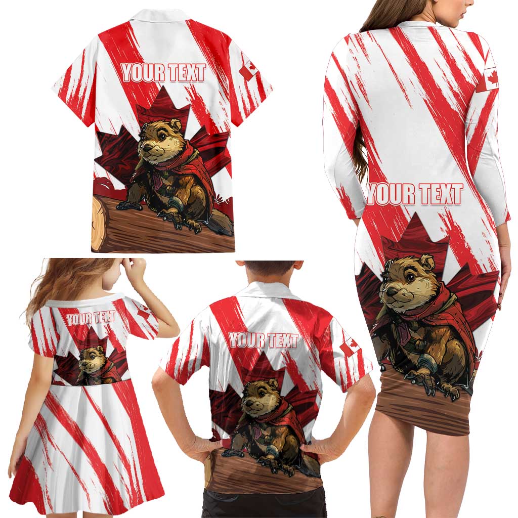 Personalised Canada Beaver Adventurer Family Matching Long Sleeve Bodycon Dress and Hawaiian Shirt With Maple Leaf
