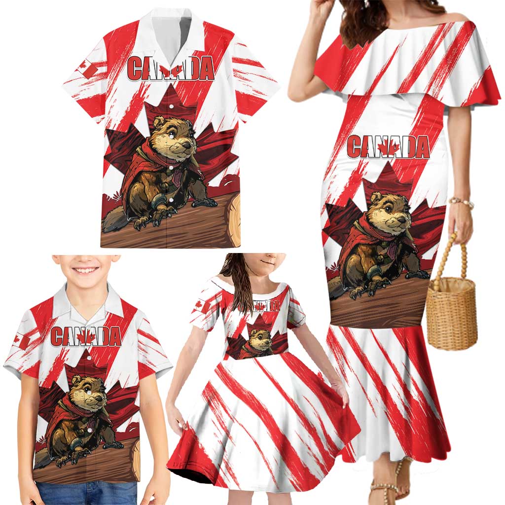 Personalised Canada Beaver Adventurer Family Matching Mermaid Dress and Hawaiian Shirt With Maple Leaf
