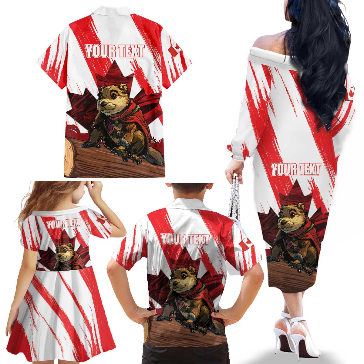 Personalised Canada Beaver Adventurer Family Matching Off The Shoulder Long Sleeve Dress and Hawaiian Shirt With Maple Leaf