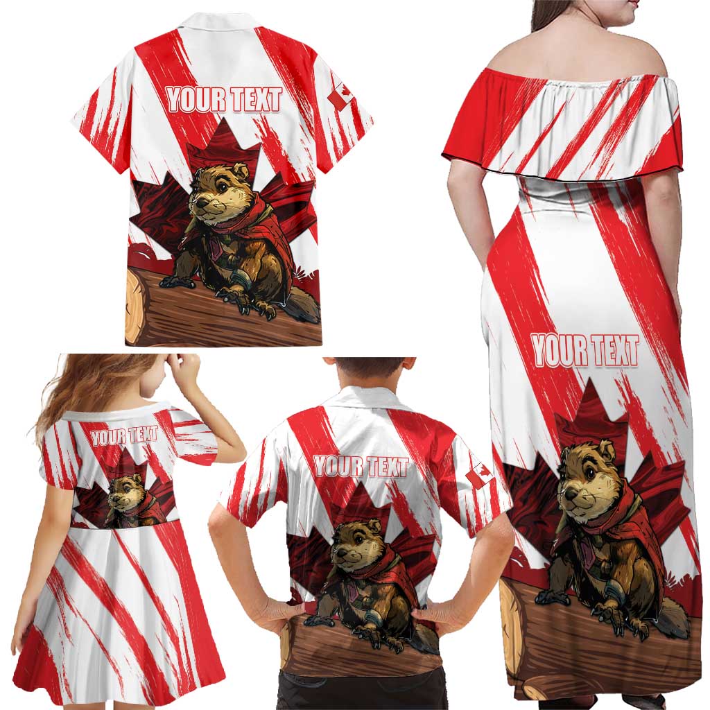 Personalised Canada Beaver Adventurer Family Matching Off Shoulder Maxi Dress and Hawaiian Shirt With Maple Leaf
