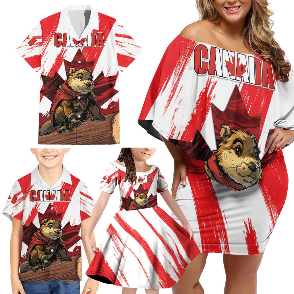 Personalised Canada Beaver Adventurer Family Matching Off Shoulder Short Dress and Hawaiian Shirt With Maple Leaf