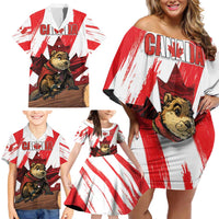 Personalised Canada Beaver Adventurer Family Matching Off Shoulder Short Dress and Hawaiian Shirt With Maple Leaf