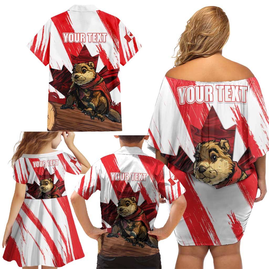 Personalised Canada Beaver Adventurer Family Matching Off Shoulder Short Dress and Hawaiian Shirt With Maple Leaf