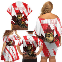 Personalised Canada Beaver Adventurer Family Matching Off Shoulder Short Dress and Hawaiian Shirt With Maple Leaf