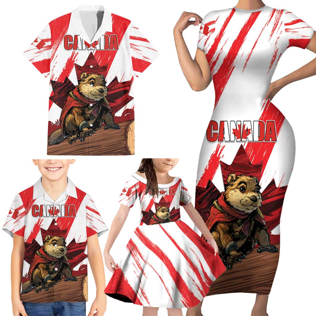 Personalised Canada Beaver Adventurer Family Matching Short Sleeve Bodycon Dress and Hawaiian Shirt With Maple Leaf