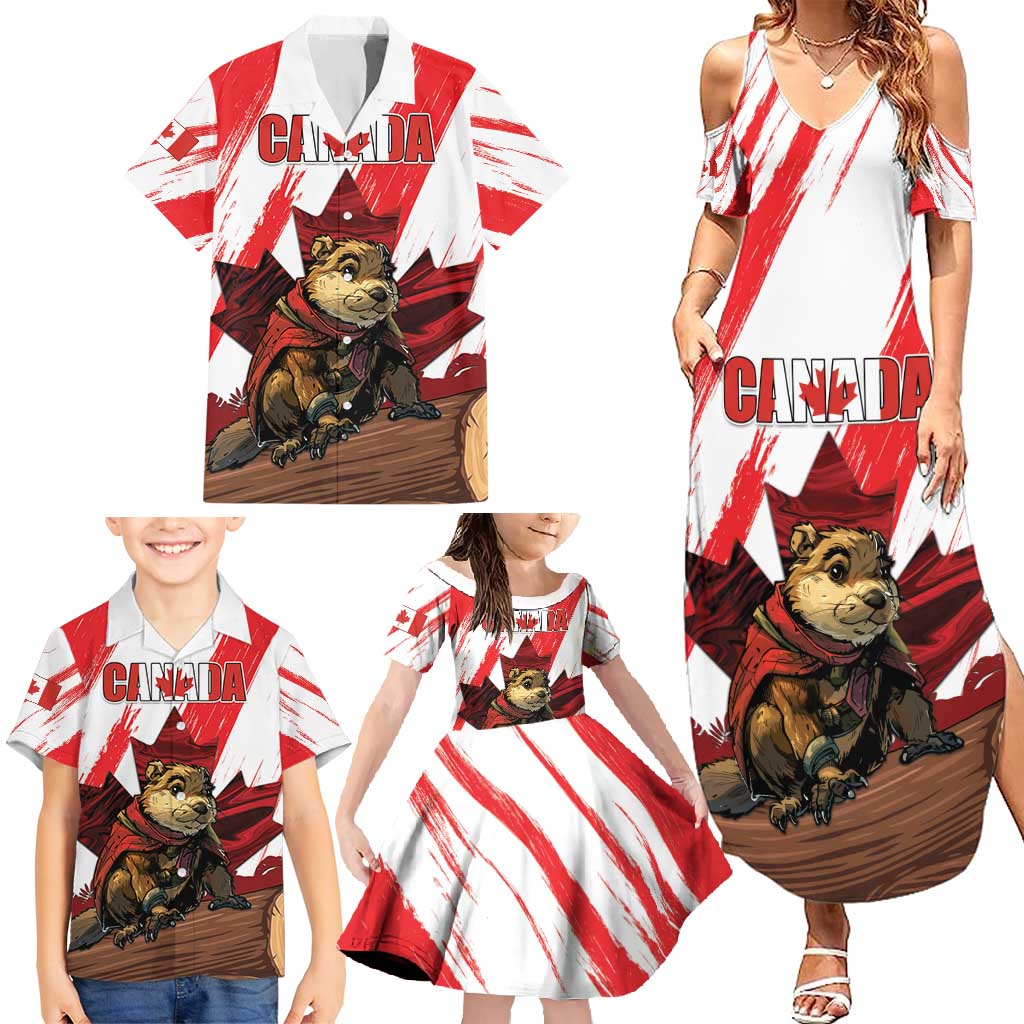 Personalised Canada Beaver Adventurer Family Matching Summer Maxi Dress and Hawaiian Shirt With Maple Leaf