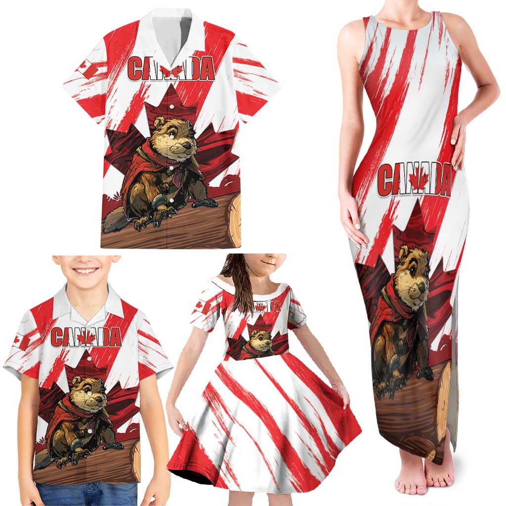 Personalised Canada Beaver Adventurer Family Matching Tank Maxi Dress and Hawaiian Shirt With Maple Leaf