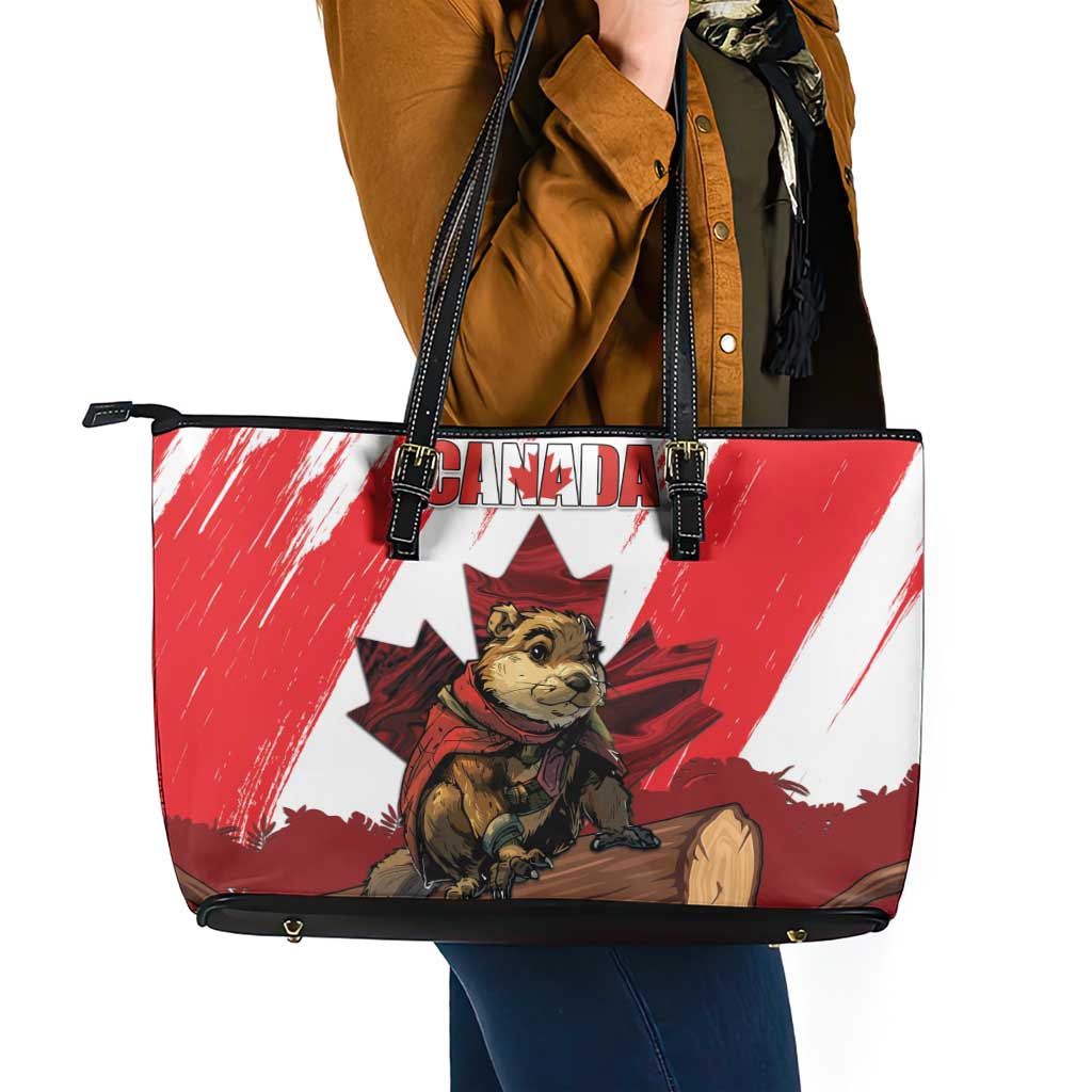 Canada Beaver Adventurer Leather Tote Bag With Maple Leaf