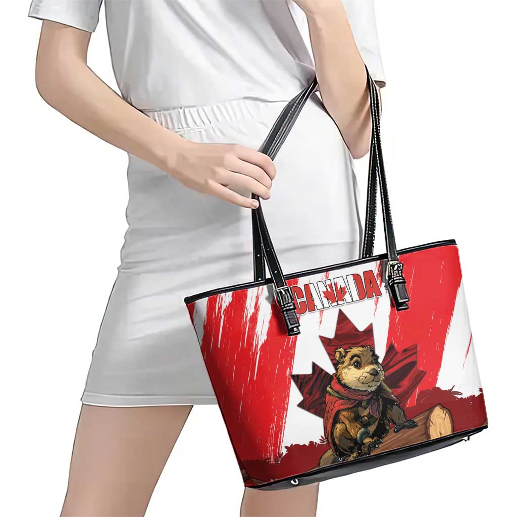Canada Beaver Adventurer Leather Tote Bag With Maple Leaf