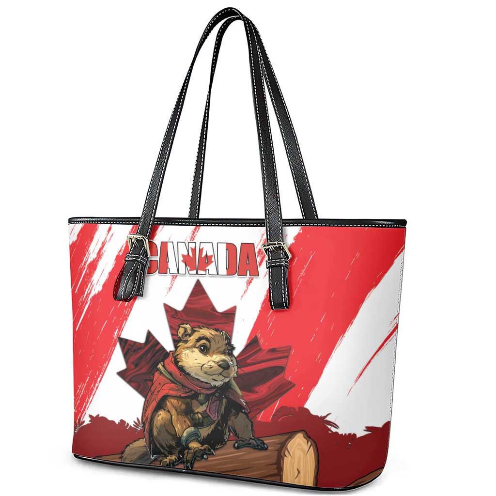 Canada Beaver Adventurer Leather Tote Bag With Maple Leaf