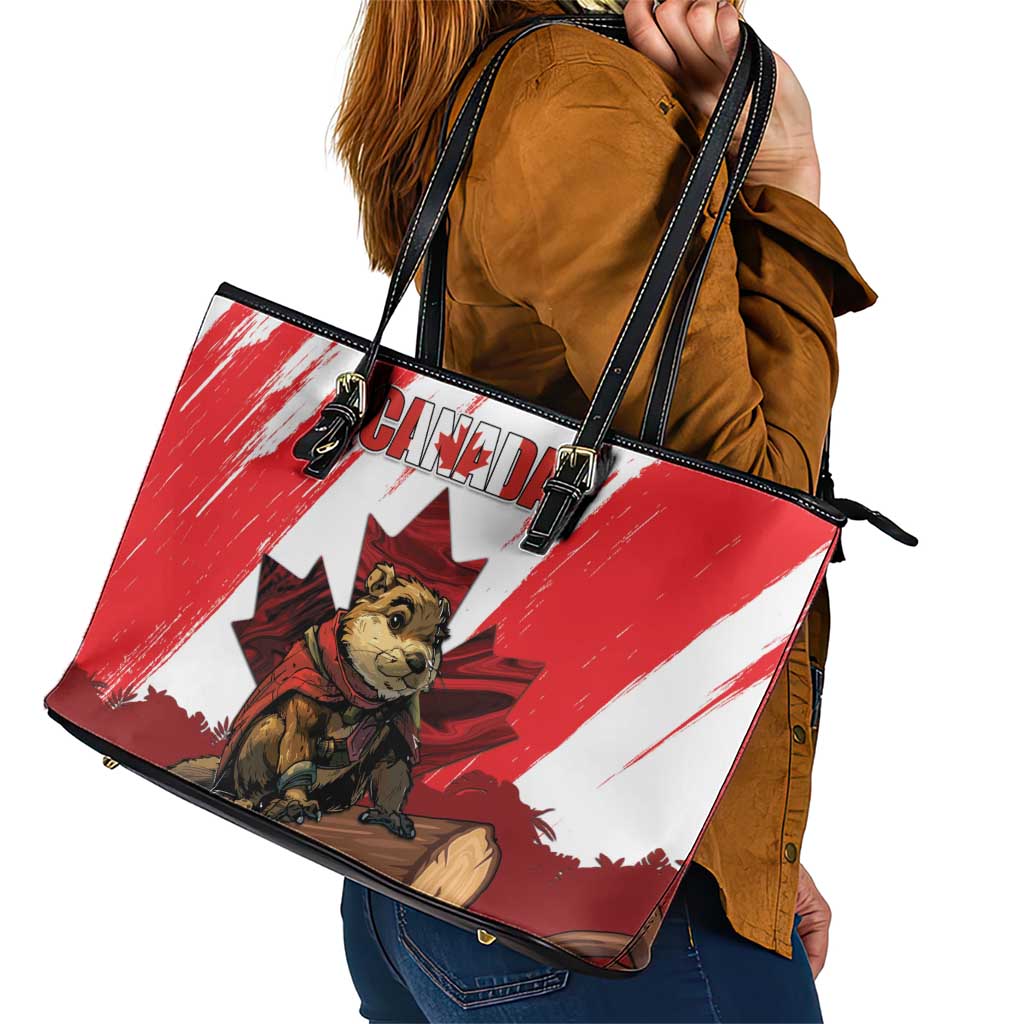 Canada Beaver Adventurer Leather Tote Bag With Maple Leaf