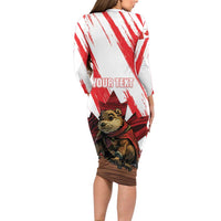 Personalised Canada Beaver Adventurer Long Sleeve Bodycon Dress With Maple Leaf