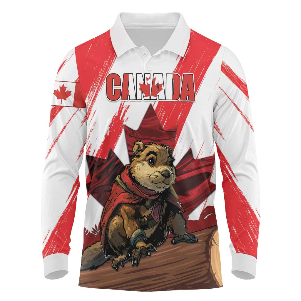 Personalised Canada Beaver Adventurer Long Sleeve Polo Shirt With Maple Leaf