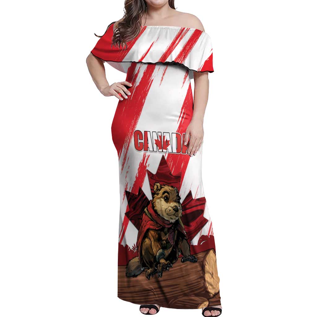 Personalised Canada Beaver Adventurer Off Shoulder Maxi Dress With Maple Leaf
