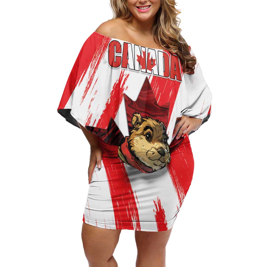 Personalised Canada Beaver Adventurer Off Shoulder Short Dress With Maple Leaf