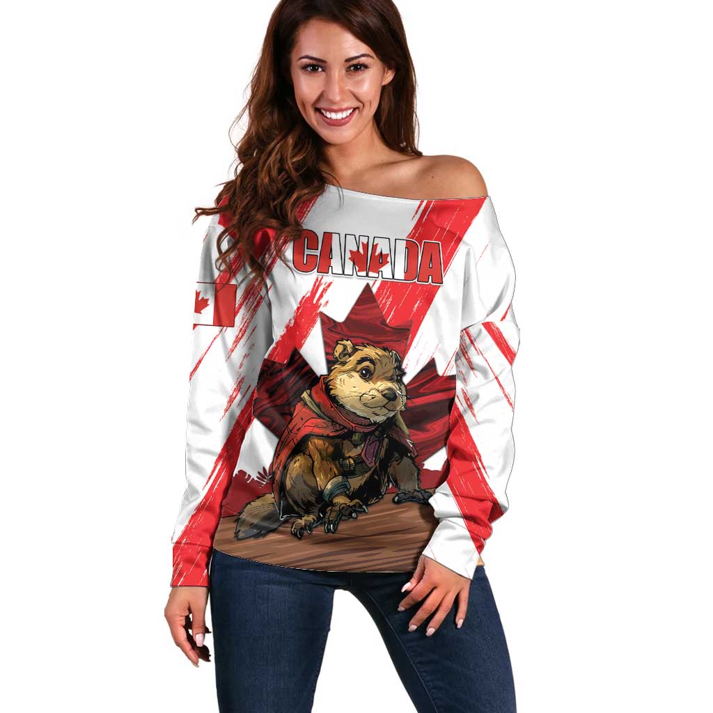 Personalised Canada Beaver Adventurer Off Shoulder Sweater With Maple Leaf