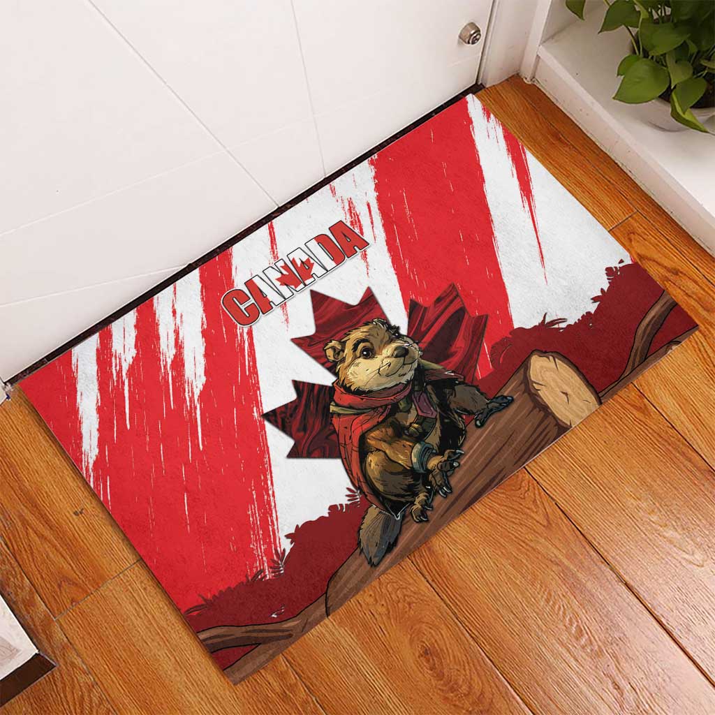Canada Beaver Adventurer Rubber Doormat With Maple Leaf