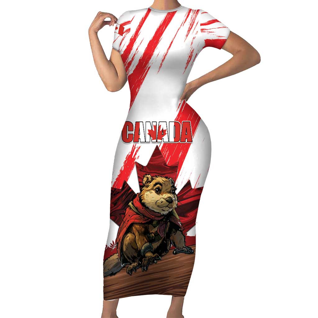 Personalised Canada Beaver Adventurer Short Sleeve Bodycon Dress With Maple Leaf