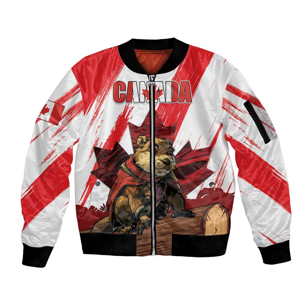 Personalised Canada Beaver Adventurer Sleeve Zip Bomber Jacket With Maple Leaf