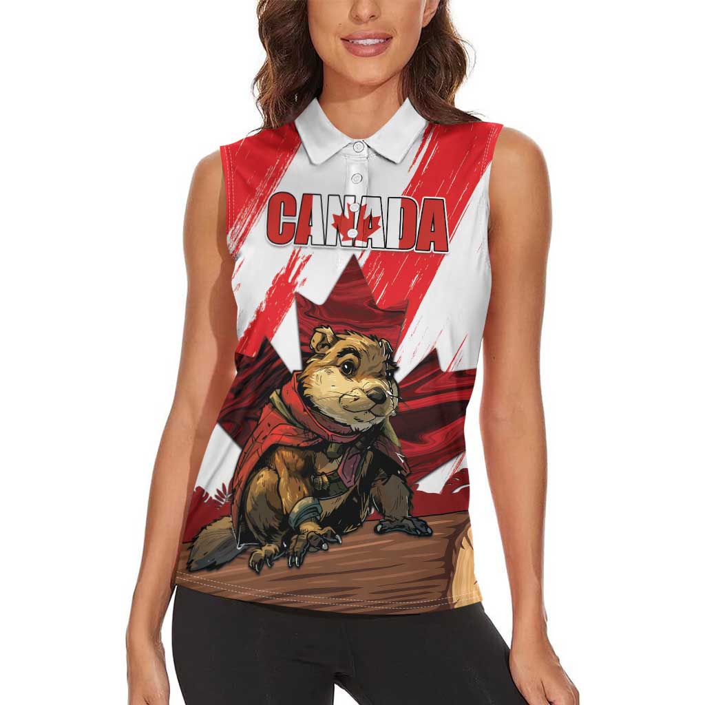Personalised Canada Beaver Adventurer Women Sleeveless Polo Shirt With Maple Leaf
