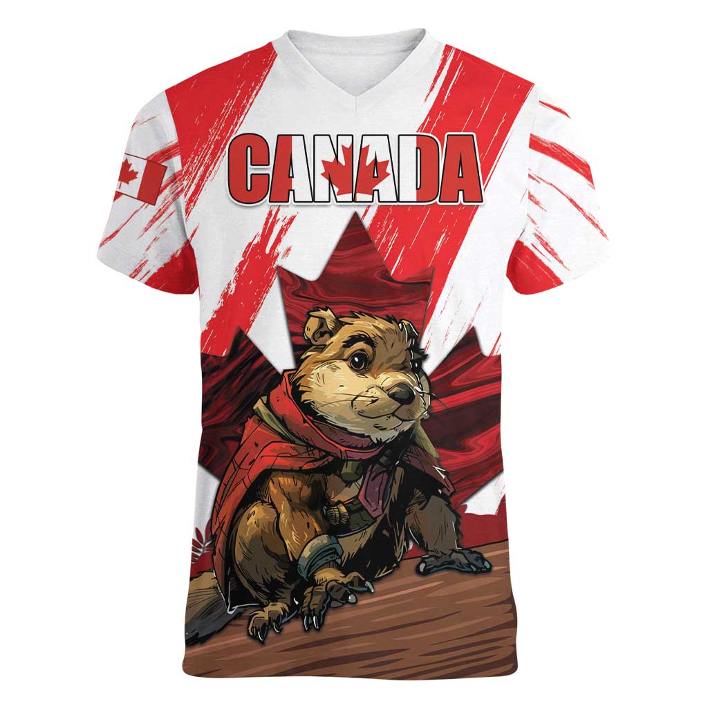 Personalised Canada Beaver Adventurer Women V-Neck T-Shirt With Maple Leaf