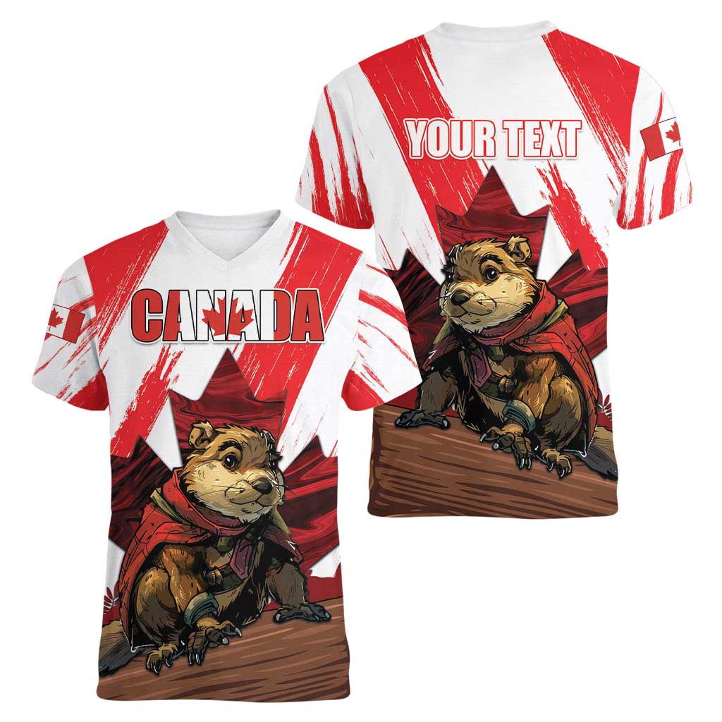 Personalised Canada Beaver Adventurer Women V-Neck T-Shirt With Maple Leaf