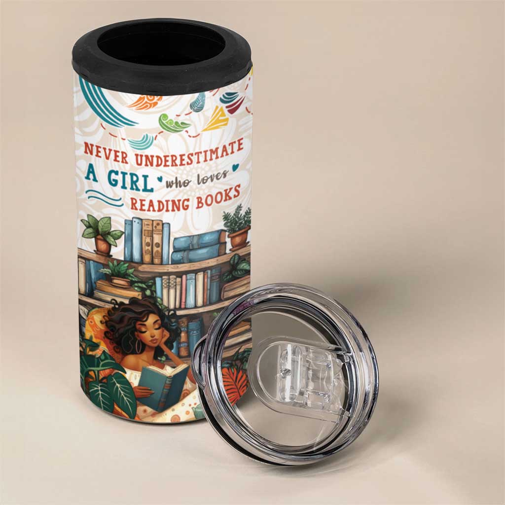 Never Underestimate A Girl Who Loves Reading Books 4 in 1 Can Cooler Tumbler