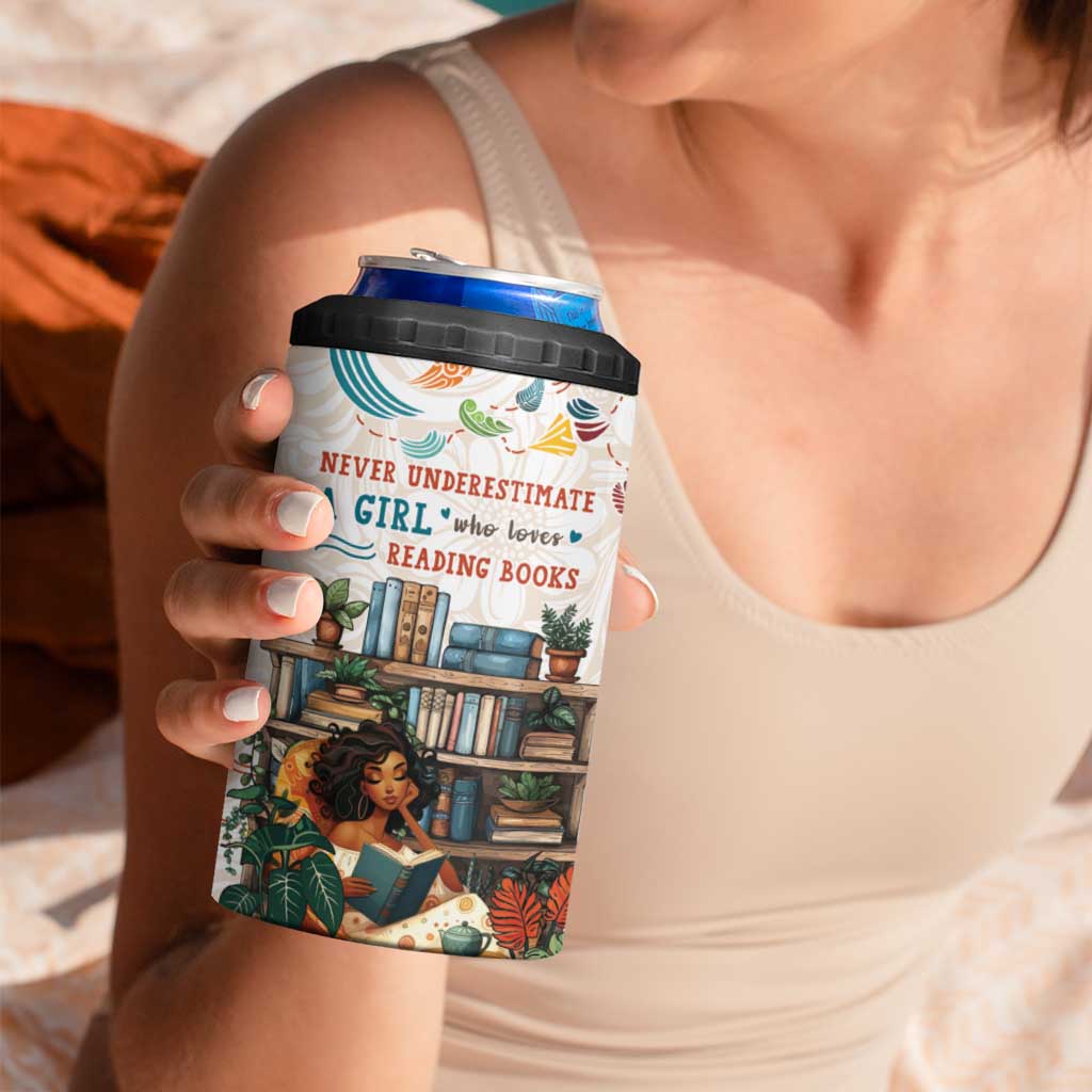 Never Underestimate A Girl Who Loves Reading Books 4 in 1 Can Cooler Tumbler