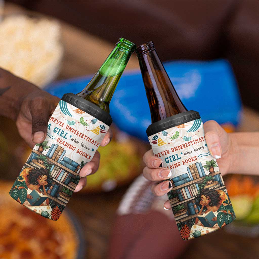 Never Underestimate A Girl Who Loves Reading Books 4 in 1 Can Cooler Tumbler